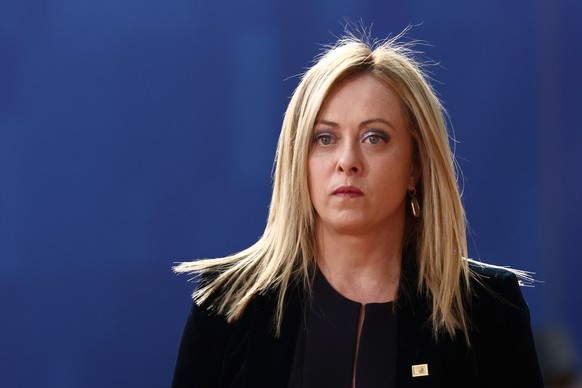 epa10538146 Italy&#039;s Prime Minister Giorgia Meloni arrives for a EU Summit in Brussels, Belgium, 23 March 2023. EU leaders will meet for a two-day summit in Brussels to discuss the latest developm ...