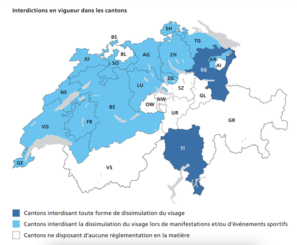 La carte des cantons qui interdisent la dissimulation du visage.