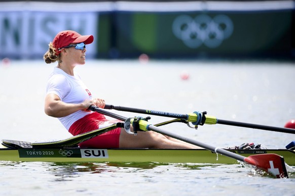 Swiss rower Jeannine Gmelin competes in the women&#039;s rowing single sculls heat at the 2020 Tokyo Summer Olympics in Tokyo, Japan, on Friday, July 23, 2021. (KEYSTONE/Laurent Gillieron)