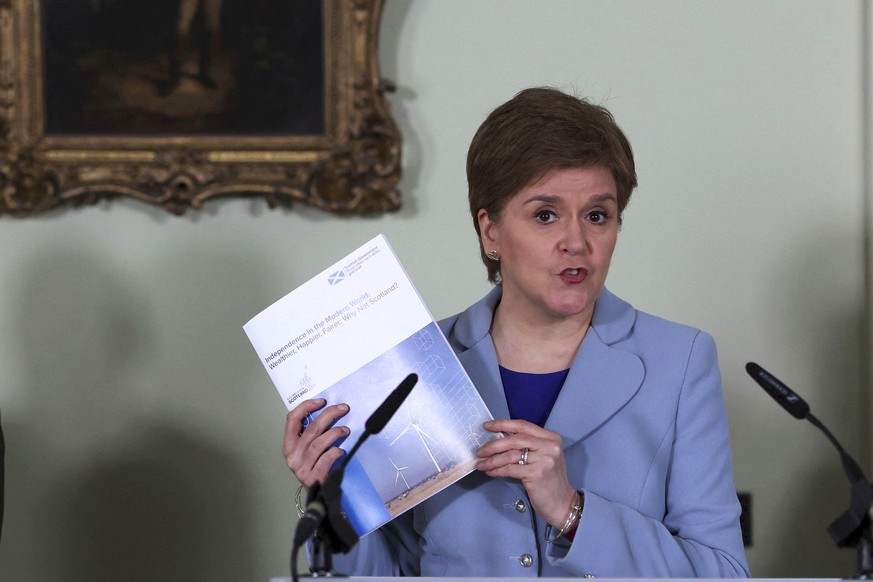Scotland&#039;s First Minister Nicola Sturgeon speaks at a press conference for the launch of new paper on Scottish independence, in Bute House, Edinburgh, Scotland, Tuesday, June 14, 2022. Sturgeon l ...