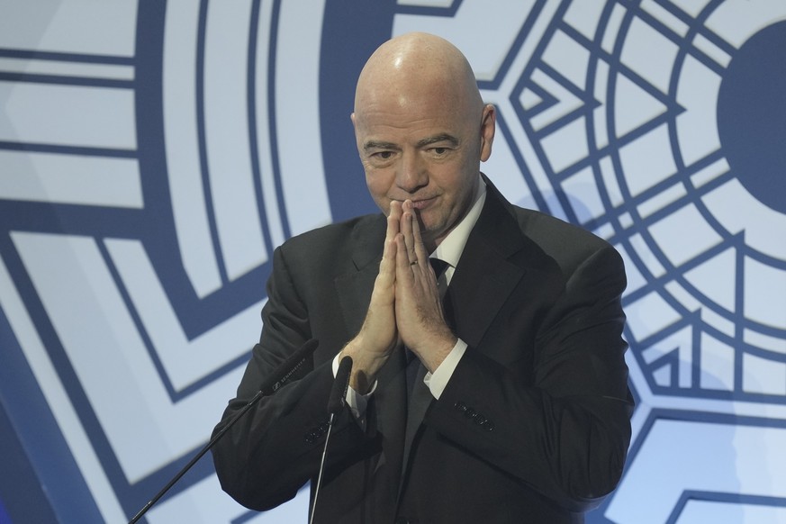FIFA President Gianni Infantino reacts after he delivers a speech during the Asian Football Confederation or AFC Annual Award Seoul 2023, ceremony at the Grand Peace Palace in Seoul, South Korea, Tues ...