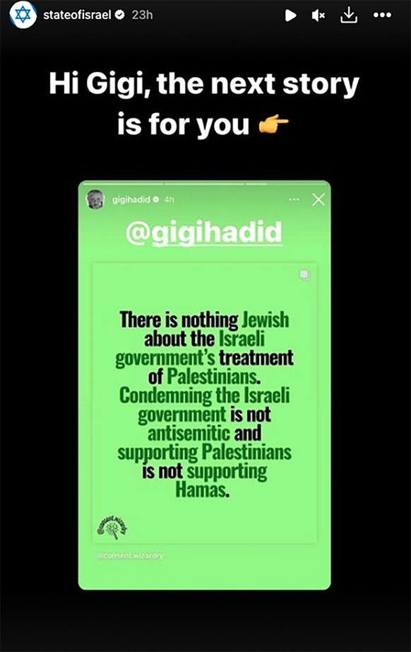 Gigi Hadid et le gouvernement israélien sur Instagram