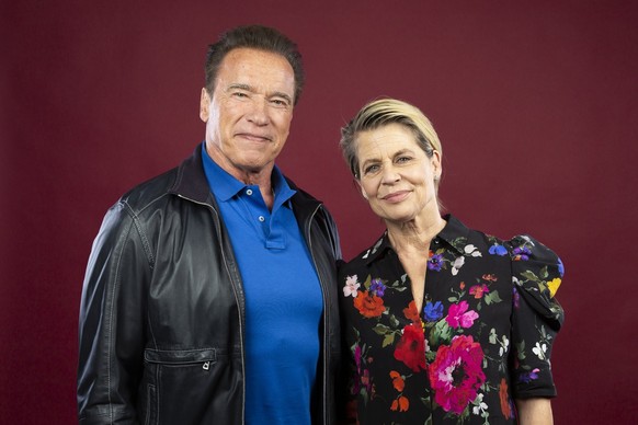 This Oct. 26, 2019 photo shows actor Arnold Schwarzenegger, left, and actress Linda Hamilton posing for a portrait to promote the film, &quot;Terminator: Dark Fate&quot; at the Four Seasons Hotel Los  ...