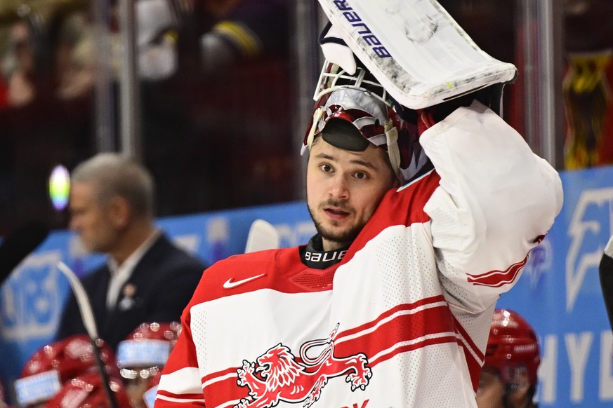 epa12131567 Denmark's goalkeeper Frederik Dichow looks on during the IIHF Ice Hockey World Championship semifinal match between Switzerland and Denmark at Avicii Arena in Stockholm, Sweden, 24 Ma ...