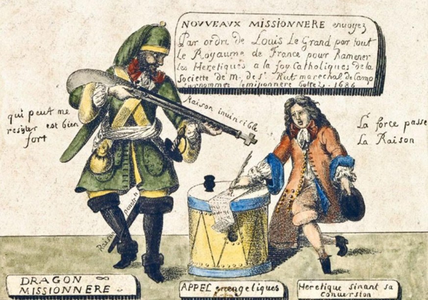Représentation protestante du conflit entre les troupes du roi et les huguenots, 1686.
https://commons.wikimedia.org/wiki/File:Dragoons.jpg