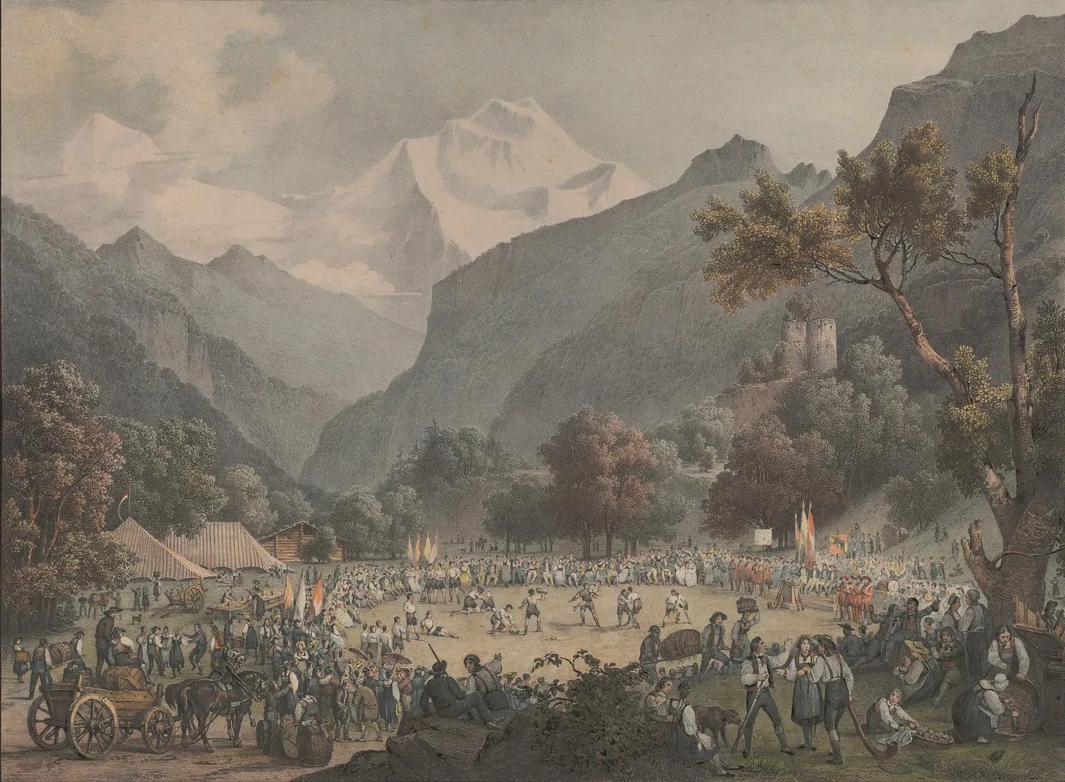 Représentation de la deuxième édition de la Fête d’Unspunnen en 1808. La fête ne fut ravivée qu’un siècle plus tard, en 1905, à l’âge d’or du tourisme dans l’Oberland bernois.