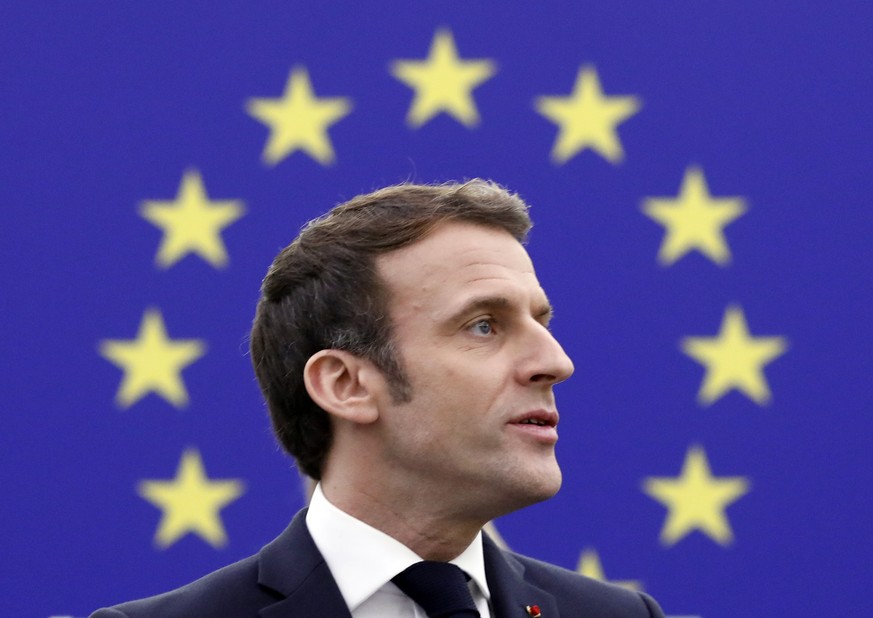 epaselect epa09694777 French President Emmanuel Macron delivers a speech in the context of the French Presidency of the Council of the European Union at the European Parliament in Strasbourg, France,  ...