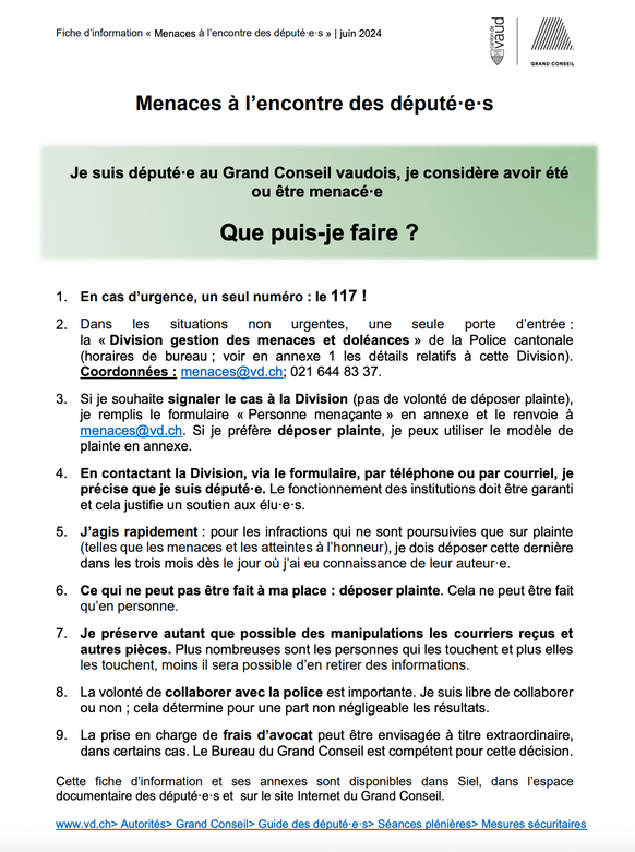 Les députés vaudois peuvent s'informer ainsi pour répondre aux menaces extérieures.