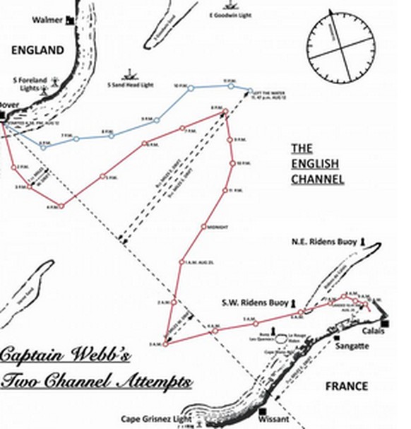 En bleu, le premier essai raté. En rouge, la distance parcourue à la nage. Et en pointillés, la ligne la plus directe.