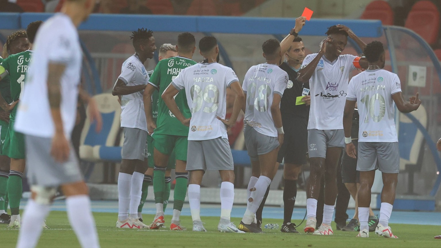 JEDDAH, SAUDI ARABIA - AUGUST 29: Alfa Semedo of Al Tai being sent off during Al Ahli v Al Tai in the Saudi pro league at Prince Abdullah Al Faisal Stadium on August 29, 2023 in Jeddah, Saudi Arabia.  ...