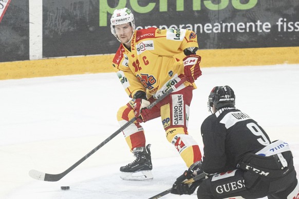 Bienne&#039;s player Haas Gaetan, during the preliminary round game of the National League 2022/23 between HC Lugano against EHC Bienne at the ice stadium Corner Arena, Saturday, March 04, 2023. (KEYS ...