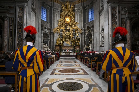 epa12960534 A handout picture provided by Vatican Media shows Pope Leo XIV presiding over the funeral of Swiss Cardinal Emil Paul Tscherrig, a former apostolic nuncio, at St Peter?s Basilica in Vatica ...