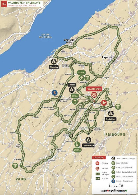 Ici, le parcours du Tour de Romandie s'étendra sur 165,1 km.