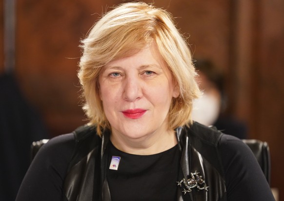 epa09217616 Dunja Mijatovic, Commissioner for Human Rights of the Council of Europe attends the 131st meeting of the Committee of Ministers of the Council of Europe at City Hall in Hamburg, Germany, 2 ...