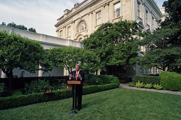 President William Jefferson Clinton in the Rose Garden of the White House announces that the Senate has confirmed Ruth Bader Ginsburg as Associate Justice of the Supreme Court, Washington, DC, August  ...