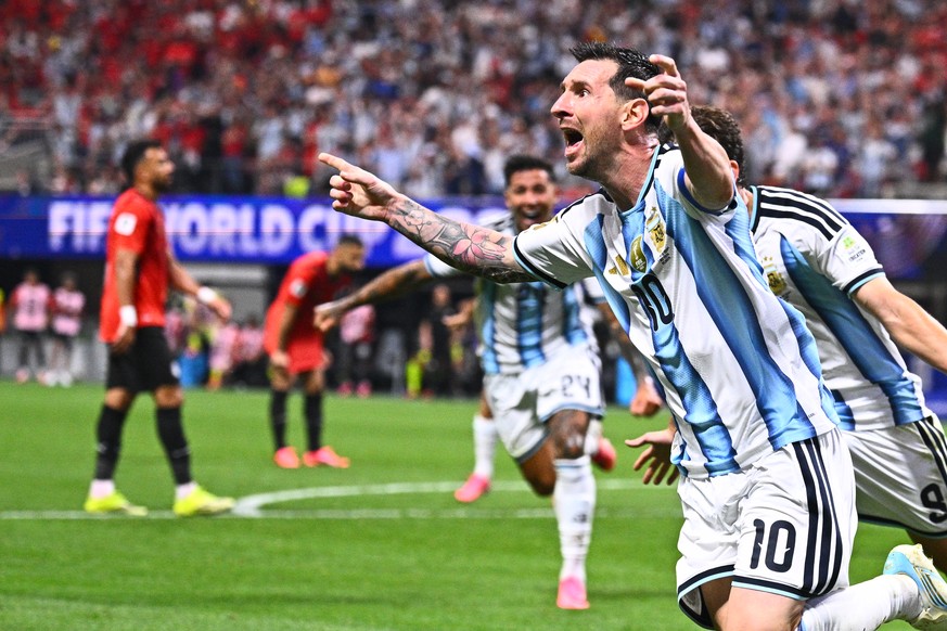 Argentina's Lionel Messi (10) celebrates scoring their second goal during the World Cup round of 16 soccer match between Argentina and Egypt in Atlanta, Tuesday, July 7, 2026. (AP Photo)
Lionel M ...
