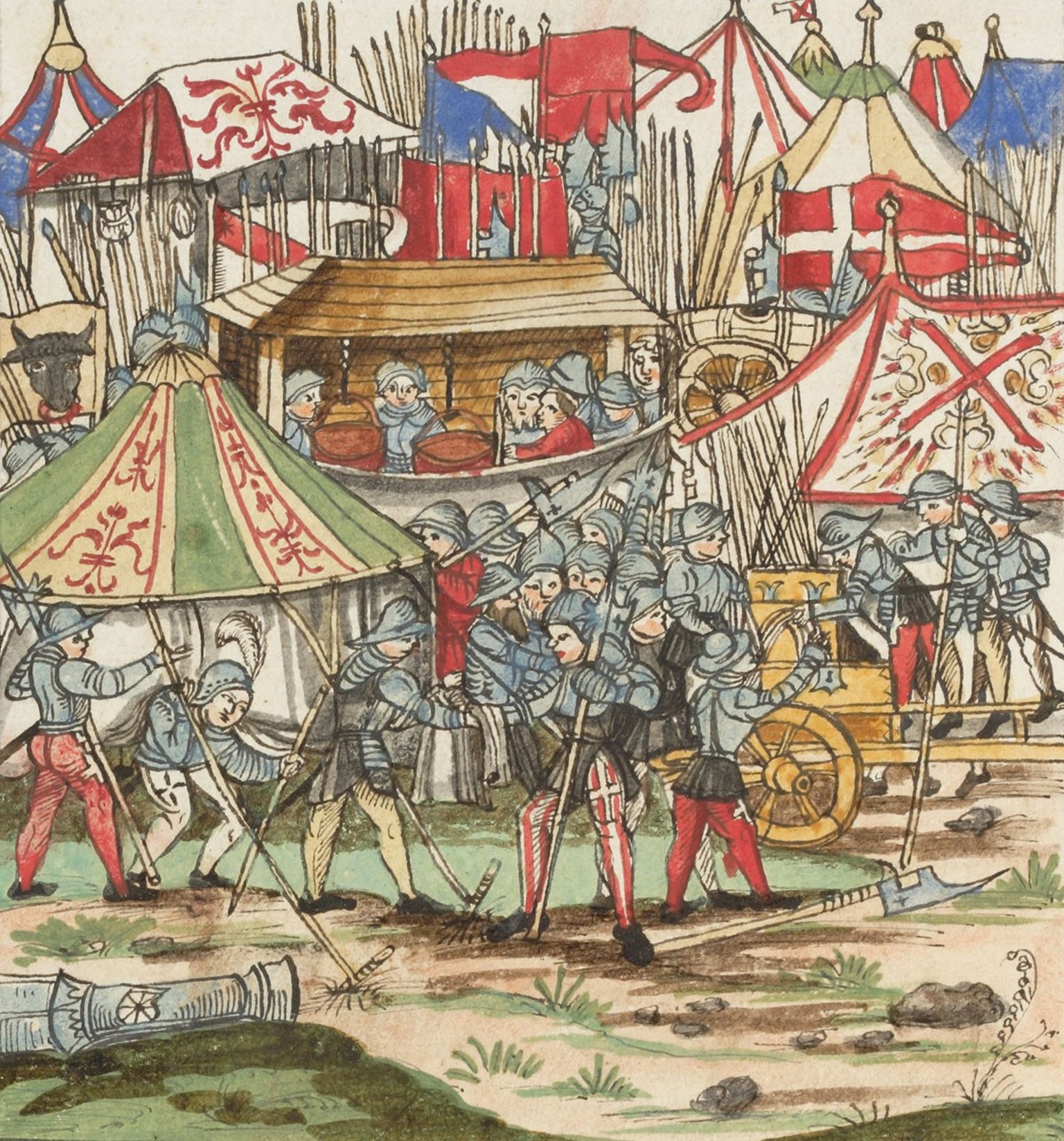 Les Confédérés pillent le camp de Charles le Téméraire. Illustration de la chronique de Silbereisen, 1572.
https://www.e-codices.unifr.ch/fr/kba/0016-2//214v