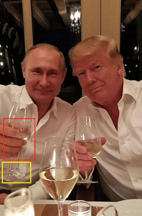 En y regardant de plus près, on s'aperçoit que cette image est truquée — le verre de vin de Poutine a deux pieds et ses doigts n'ont pas l'air naturels.
