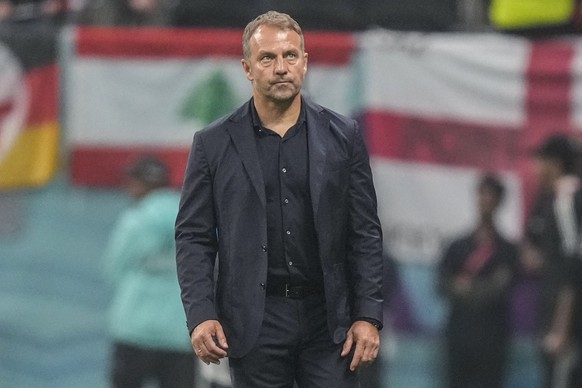 Germany&#039;s head coach Hansi Flick reacts during the World Cup group E soccer match between Costa Rica and Germany at the Al Bayt Stadium in Al Khor, Qatar, Thursday, Dec. 1, 2022. (AP Photo/Matthi ...