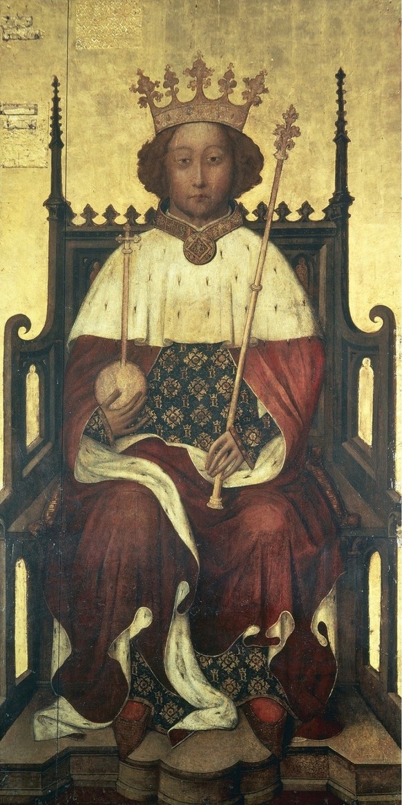 BAL7872 Portrait of Richard II &#039;The Westminster Portrait&#039;, 1390s (oil on panel) by English School, (14th century); Westminster Abbey, London, UK; (add.info.: Richard II (1367-1400) King of E ...