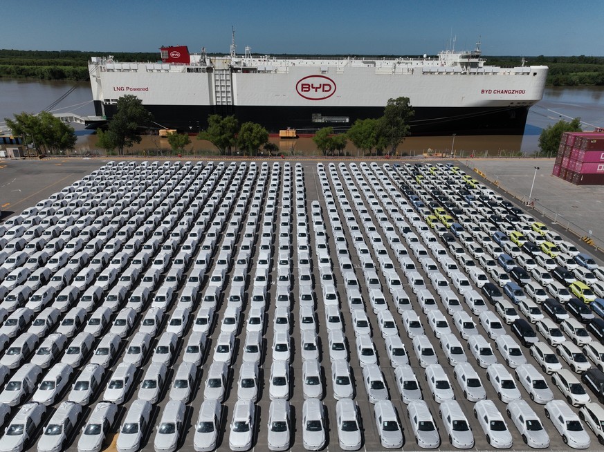 The BYD Changzhou car carrier is docked at Terminal Zarate in the Buenos Aires province of Argentina, Tuesday, Jan. 20, 2026, where hybrid and electric vehicles shipped from China are parked next to t ...