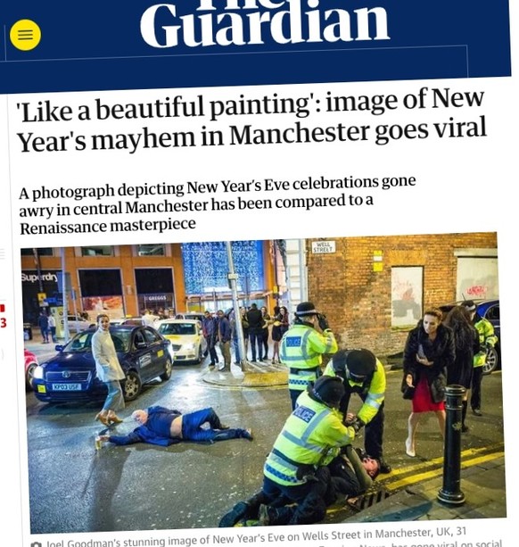 Accidental renaissance - The Guardian 
https://www.theguardian.com/uk-news/2016/jan/03/like-a-beautiful-painting-image-of-new-years-mayhem-in-manchester-goes-viral