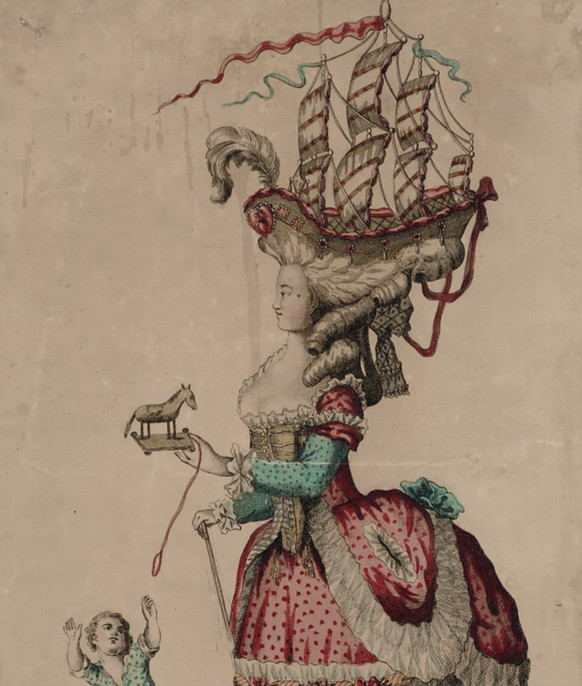 «Coiffure à la Belle Poule» avec maquette de bateau.