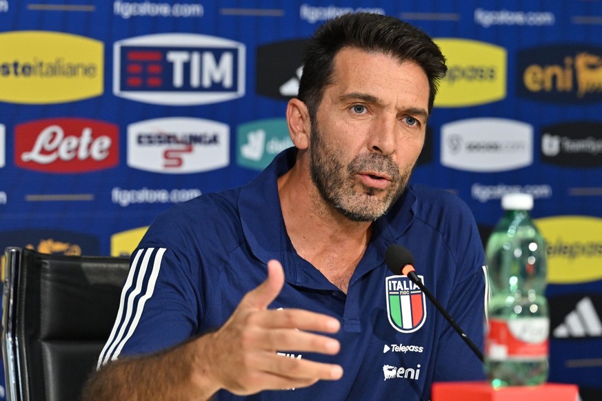 epa10839774 Head of Italy Delegation Gianluigi Buffon attends a press conference near Florence, Florence, Italy, 04 September 2023. Italy faces North Macedonia and Ukraine in UEFA EUO qualification ma ...