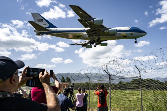 epaselect epa13039070 Air Force One carrying US President Donald Trump lands at Geneva Airport for the France Evian G7 summit, in Geneva, Switzerland, 15 June 2026. The summit is scheduled to take pla ...