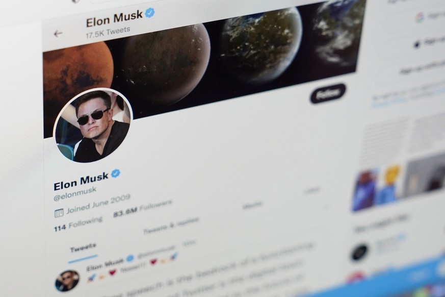 The Twitter page of Elon Musk is seen on the screen of a computer in Sausalito, Calif., on Monday, April 25, 2022. On Monday, Musk reached an agreement to buy Twitter for about $44 billion. (AP Photo/ ...