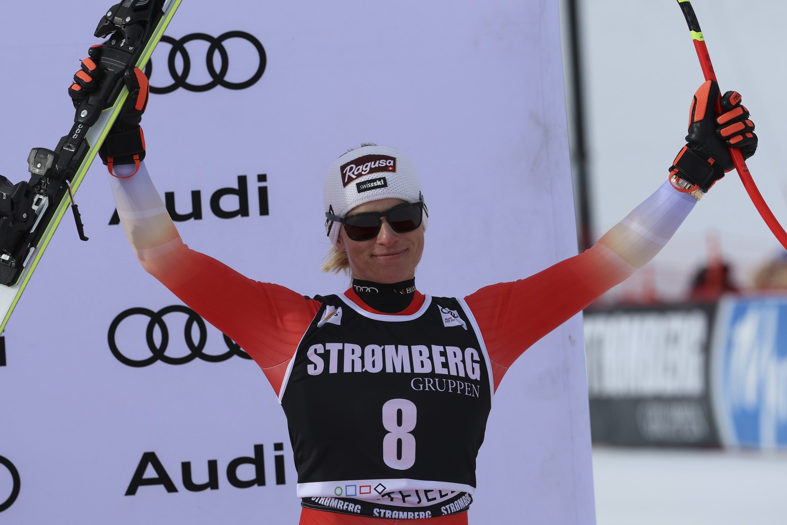 Third placed Switzerland&#039;s Lara Gut Behrami celebrates after an alpine ski, women&#039;s World Cup Super G race in Kvitfjell, Norway, Friday, March 3, 2023. (AP Photo/Marco Trovati)