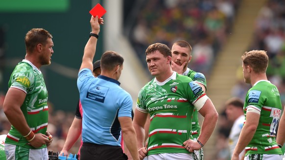 LEICESTER, ENGLAND - MAY 18: Jasper Wiese of Leicester Tigers is shown the red card for a dangerous tackle during the Gallagher Premiership Rugby match between Leicester Tigers and Exeter Chiefs at Ma ...