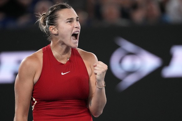 Aryna Sabalenka of Belarus reacts during her quarterfinal against Barbora Krejcikova of the Czech Republic at the Australian Open tennis championships at Melbourne Park, Melbourne, Australia, Tuesday, ...