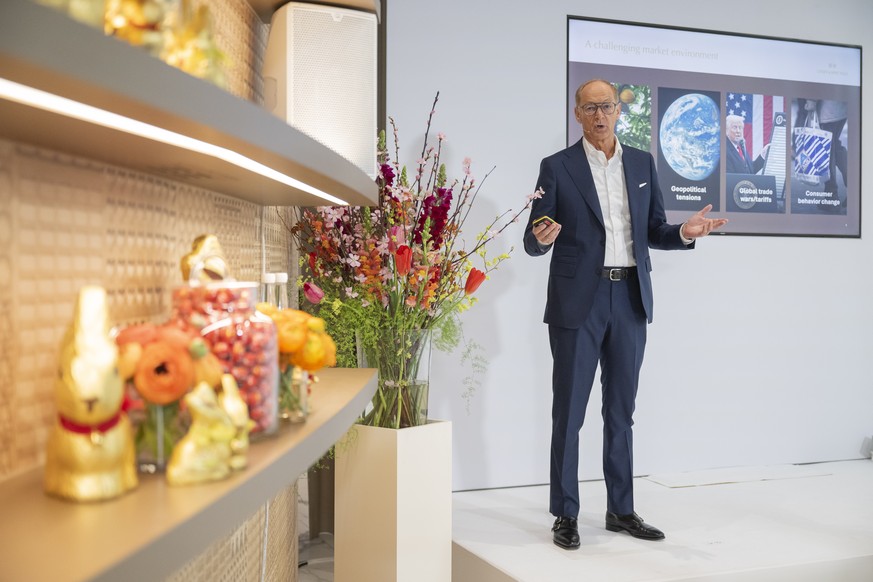 Adalbert Lechner, Group CEO, speaks during the press conference of the full-year results 2025 of the chocolate factory Lindt and Spruengli in Kilchberg, Switzerland, Tuesday, March 10, 2026. (KEYSTONE ...