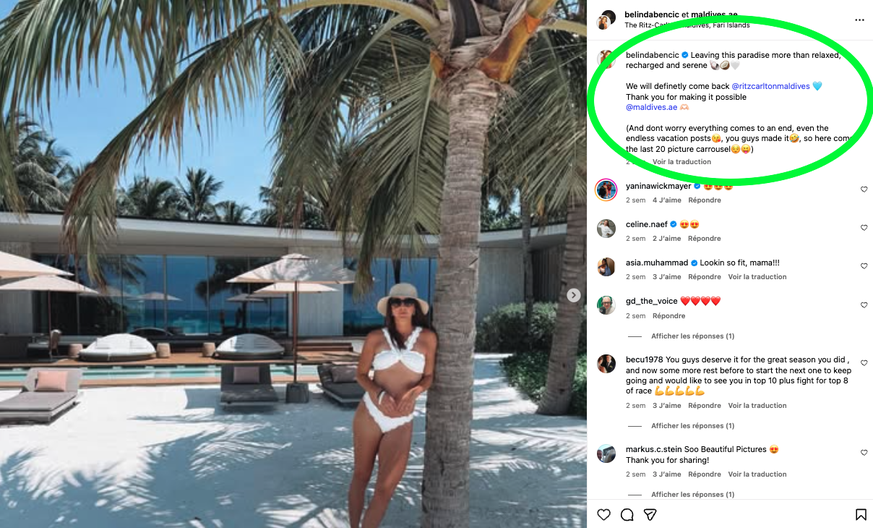 Dans sa publication Instagram, la Saint-Galloise a tagué l'hôtel où elle a résidé aux Maldives.
