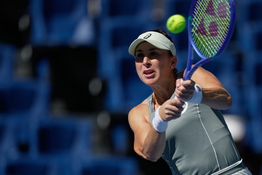 Belinda Bencic, of Switzerland plays a backhand return to Coco Gauff of the United States during a women&#039;s singles match of the China Open tennis tournament, in Beijing, China, Tuesday, Sept. 30, ...