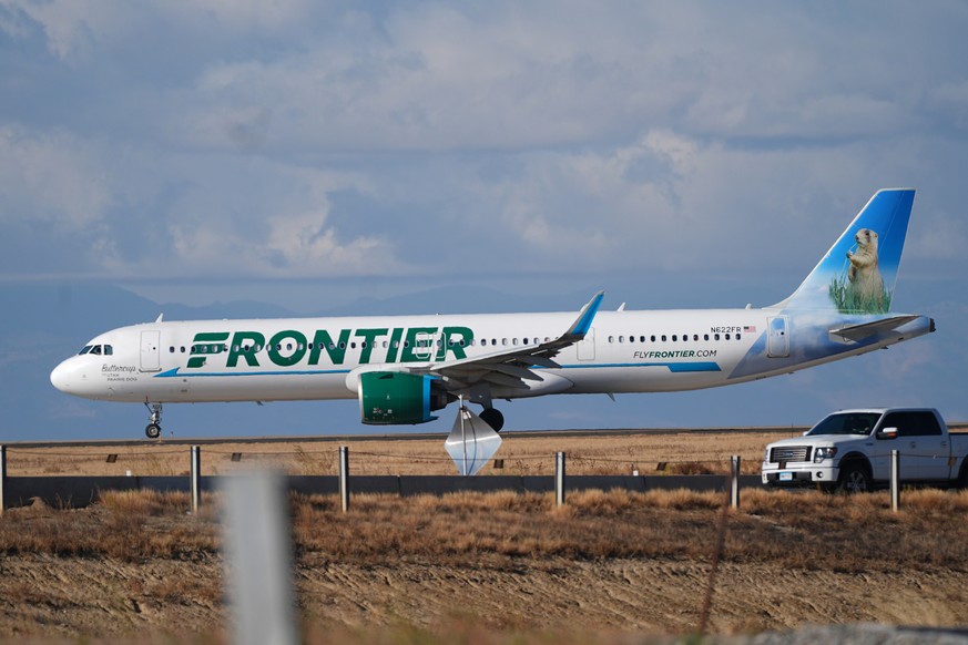 FILE - A Frontier Airlines jetliner taxis down a runway for take off from Denver International airport on Nov. 25, 2025, in Denver. (AP Photo/David Zalubowski, File)
US Denver Airport Incident