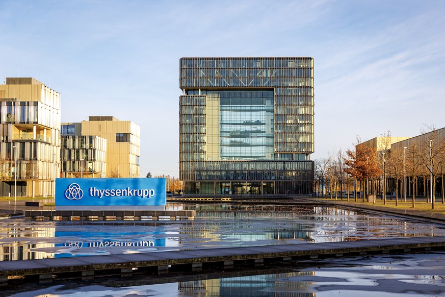 epa10989115 A general view shows the Thyssenkrupp complex building prior to the company&#039;s balance press conference in Essen, Germany, 22 November 2023. The steel and industrial group Thyssenkrupp ...