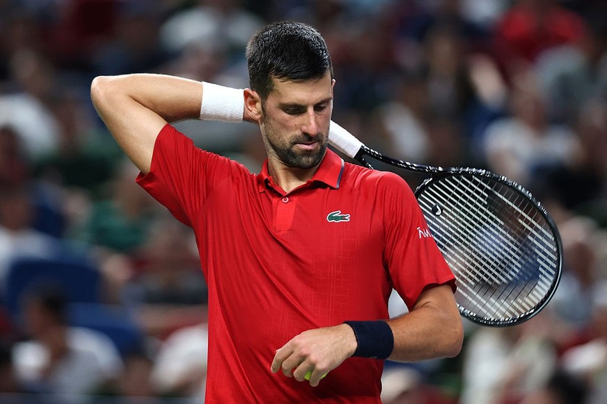 SHANGHAI, CHINA - OCTOBER 07:Novak Djokovic of Serbia reacts during the match against Jaume Munar of Spain in the Men&#039;s Singles round of 16 match on day 9 of the 2025 Shanghai Rolex Masters at Qi ...