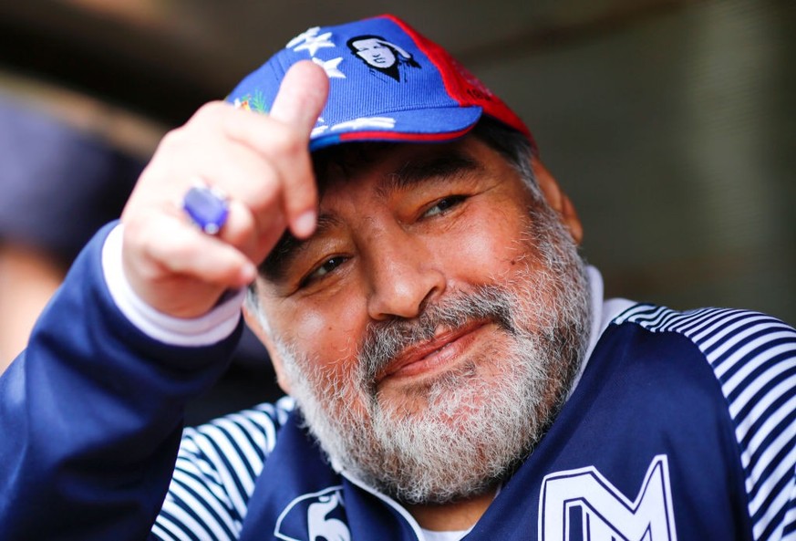 MAR DEL PLATA, ARGENTINA - NOVEMBER 10: Diego Maradona, head coach of Gimnasia y Esgrima La Plata, gestures before a match between Aldosivi and Gimnasia y Esgrima La Plata as part of Superliga 2019/20 ...