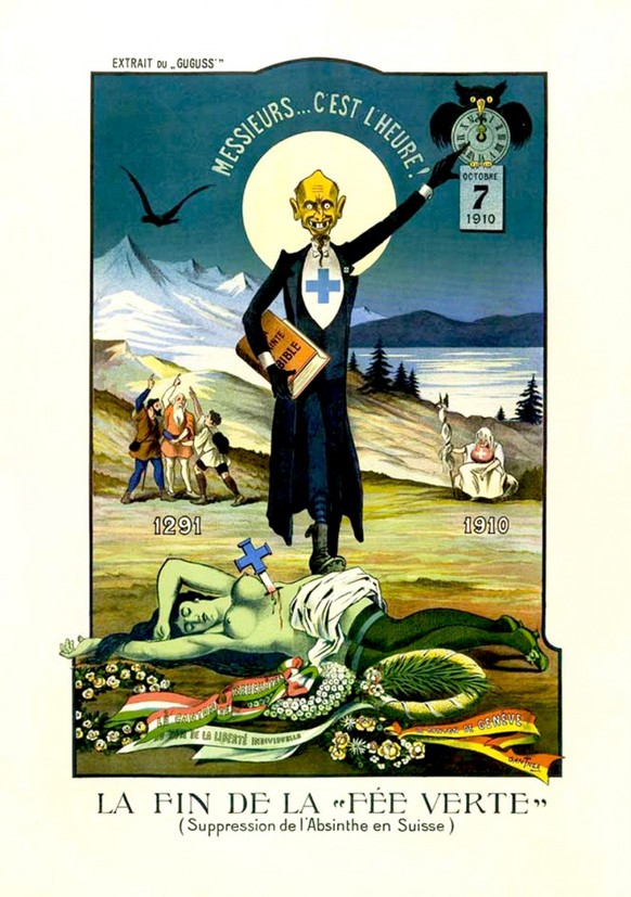 Une affiche satirique d'Albert Gantner contre l'interdiction de l'absinthe en Suisse, tirée de la revue “Guguss”, 1910. L'image fait référence au pacte du Grütli.