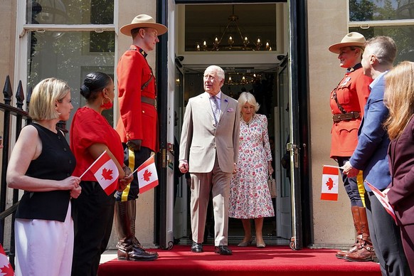 LONDON, ENGLAND - MAY 20: King Charles III and Queen Camilla leave Canada House after a visit to mark the 100th anniversary of Canada House at Canada House on May 20, 2025 in London, England. (Photo b ...