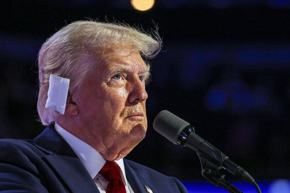 Milwaukee, Wisconsin, Thursday, July 18, 2024 - Republican Presidential nominee Donald Trump delivers a 90-plus minute acceptance speech the final day of the Republican National Convention at Fiserv F ...