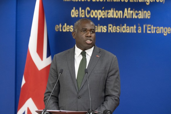 epa12149691 British Foreign Secretary David Lammy speaks during a press conference with Morocco&#039;s Minister of Foreign Affairs, African Cooperation, and Moroccan Expatriates Nasser Bourita (not pi ...