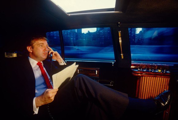 Donald Trump portrait outside of his Puma helicopter in 1987 at Atlantic City airport.