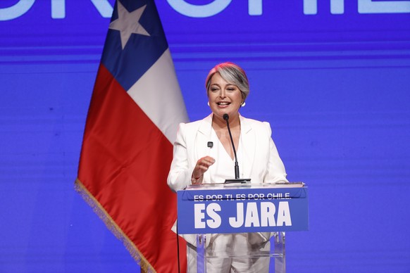epa12530351 Unity for Chile party presidential candidate Jeannette Jara speaks after learning the election results in Santiago, Chile, 16 November 2025. Jara will face right-wing candidate Jose Antoni ...