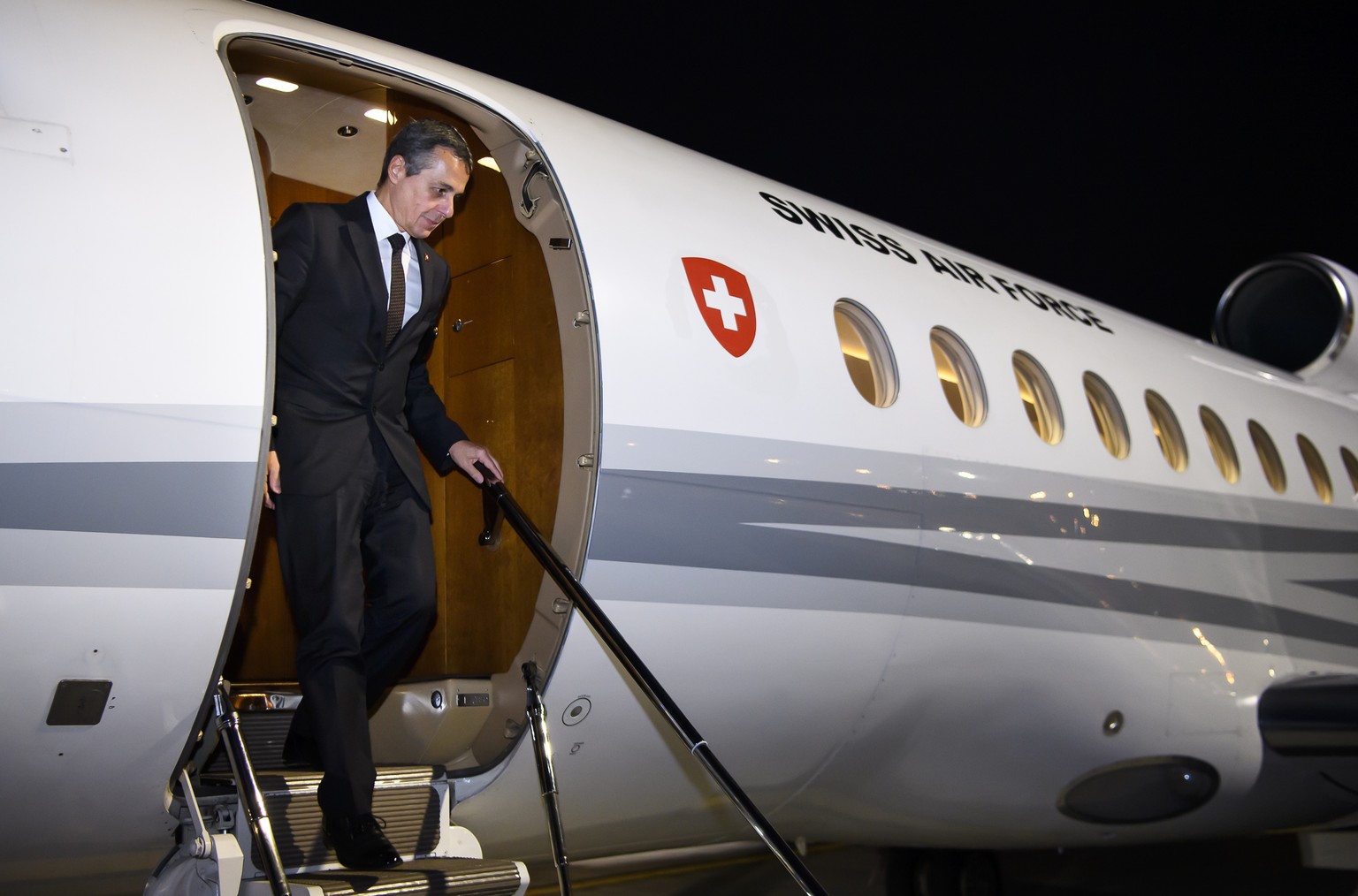 Swiss Federal Councillor Ignazio Cassis gets off the Swiss Confederation plane prior to the Ministerial Conference of La Francophonie, at the Nice Cote d&amp;#039;Azure Airport, France, Wednesday, Oct ...