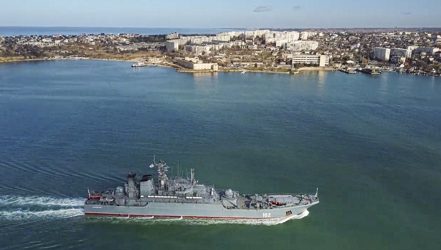 In this handout photo released by Russian Defense Ministry Press Service on Thursday, Feb. 10, 2022, The Russian navy&#039;s amphibious assault ship Kaliningrad sails into the Sevastopol harbor in Cri ...