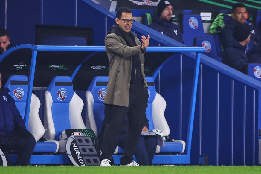 FILE -Strasbourg's head coach Liam Rosenior gestures from the touchline during the Europa Conference League opening phase soccer match between Strasbourg and Crystal Palace in Strasbourg, France, ...