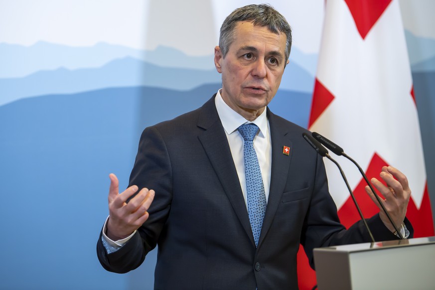 epa09700223 Switzerland&#039;s President and head of the Federal Department of Foreign Affairs Ignazio Cassis speaks during a press conference following bilateral talks with the US Secretary of State  ...